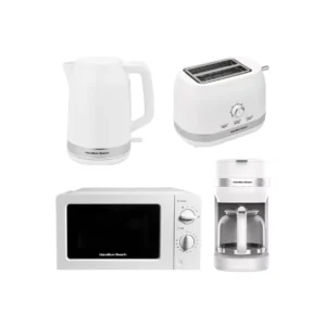 HAMILTON BEACH Ella Compact Solo Microwave, Electric Kettle, Filter Coffee Machine & 2-Slice Toaster Set - White